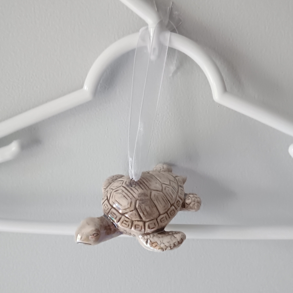Sea Turtle Ceramic Ornament 3" Detailed Craftmanship Hanging Ribbon Beige Grey